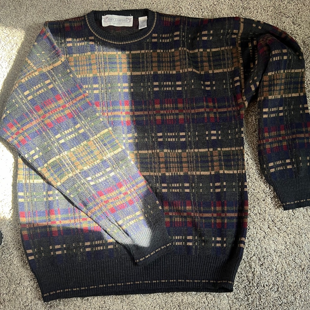 Vintage John Ashford Plaid Sweater - Dark Green, Red & Tan - Size Medium